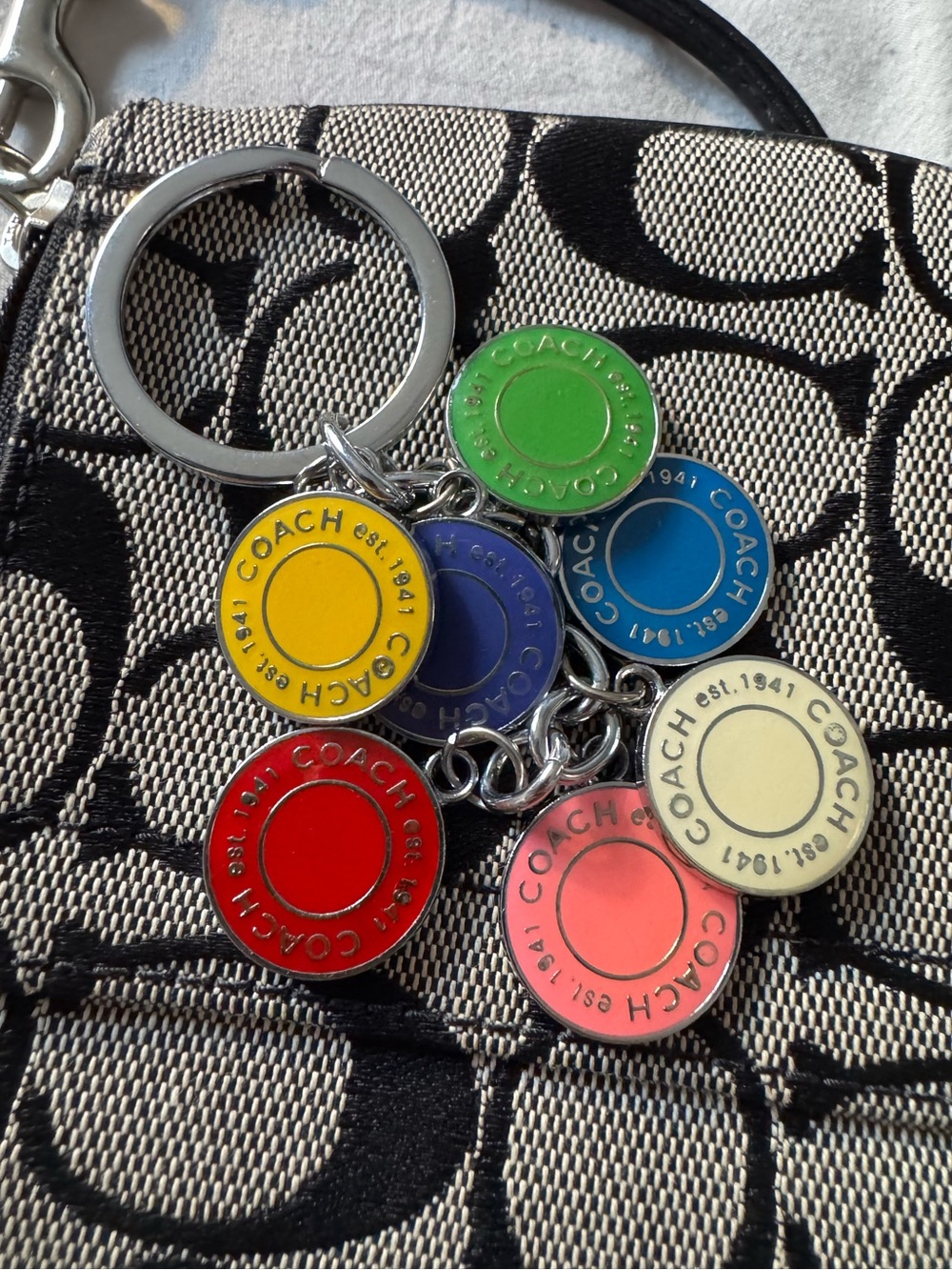 Coach Multicolor Enamel Circle Charm Key Ring with Silver Hardware